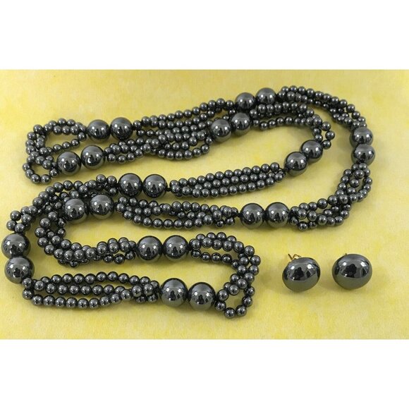 151 grams Natural Hematite Stone Bead Necklace Estate Jewelry & Pierced Earrings - Picture 3 of 8